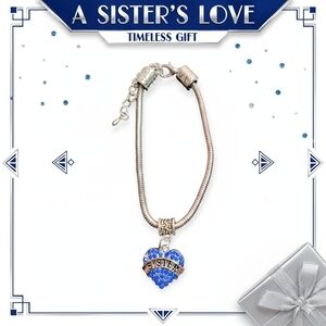 Sister Heart Charm Bracelet Blue Rhinestone Snake Chain